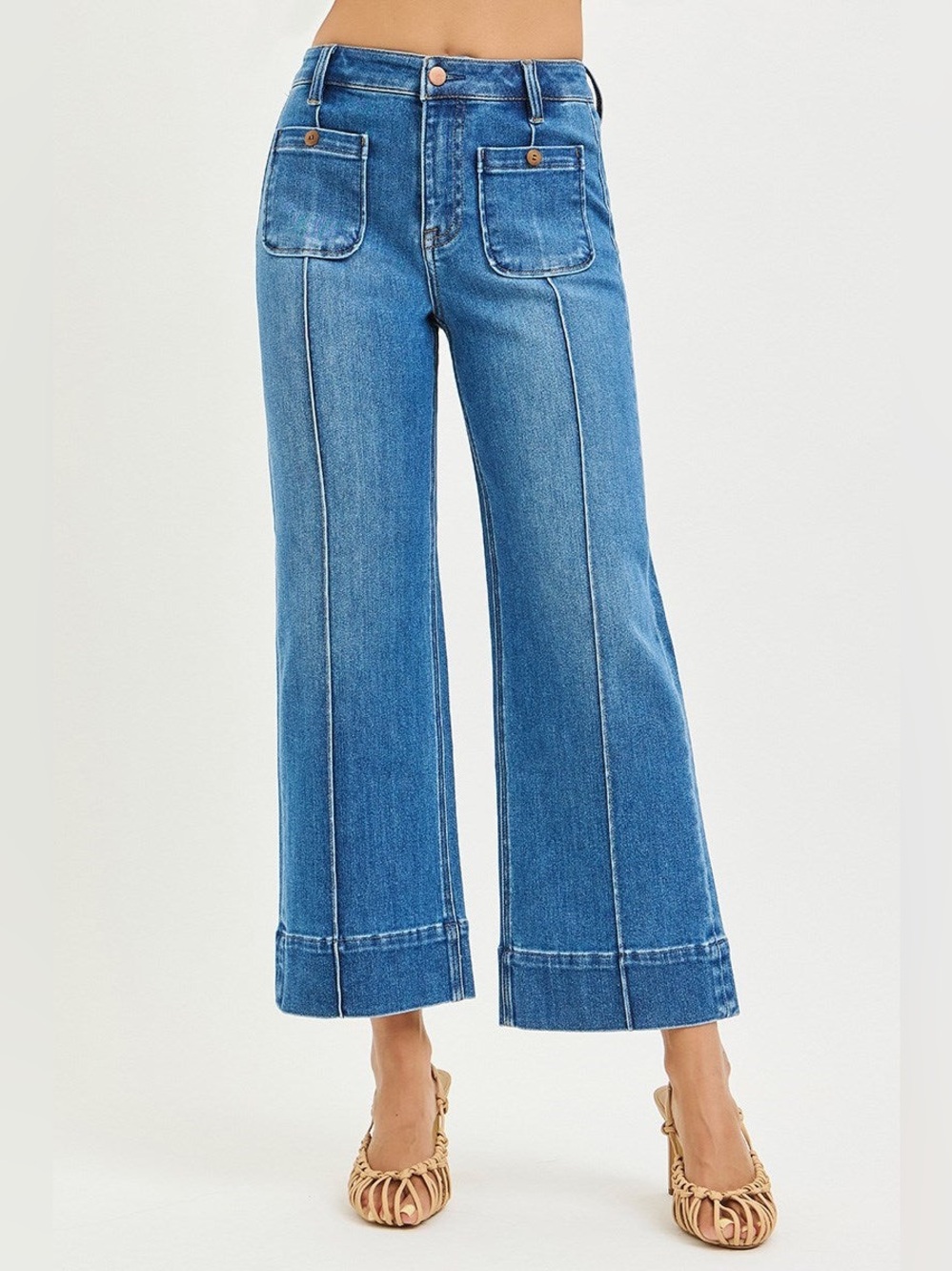 Pintuck Square Patch Pocket Wide Leg Cropped Jeans - Risen
